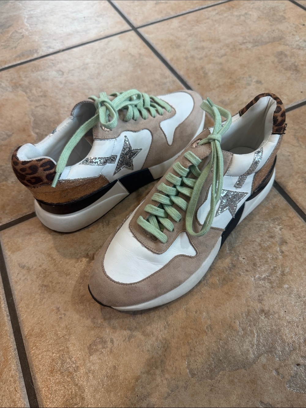 ShuShop Beige White Sneakers with Mint Laces & Leopard Heel
